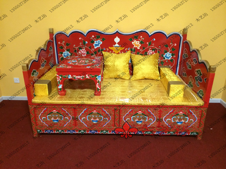 西藏家具藏式手绘上师法座经桌两件套 实木佛龛家用道场法席禅座