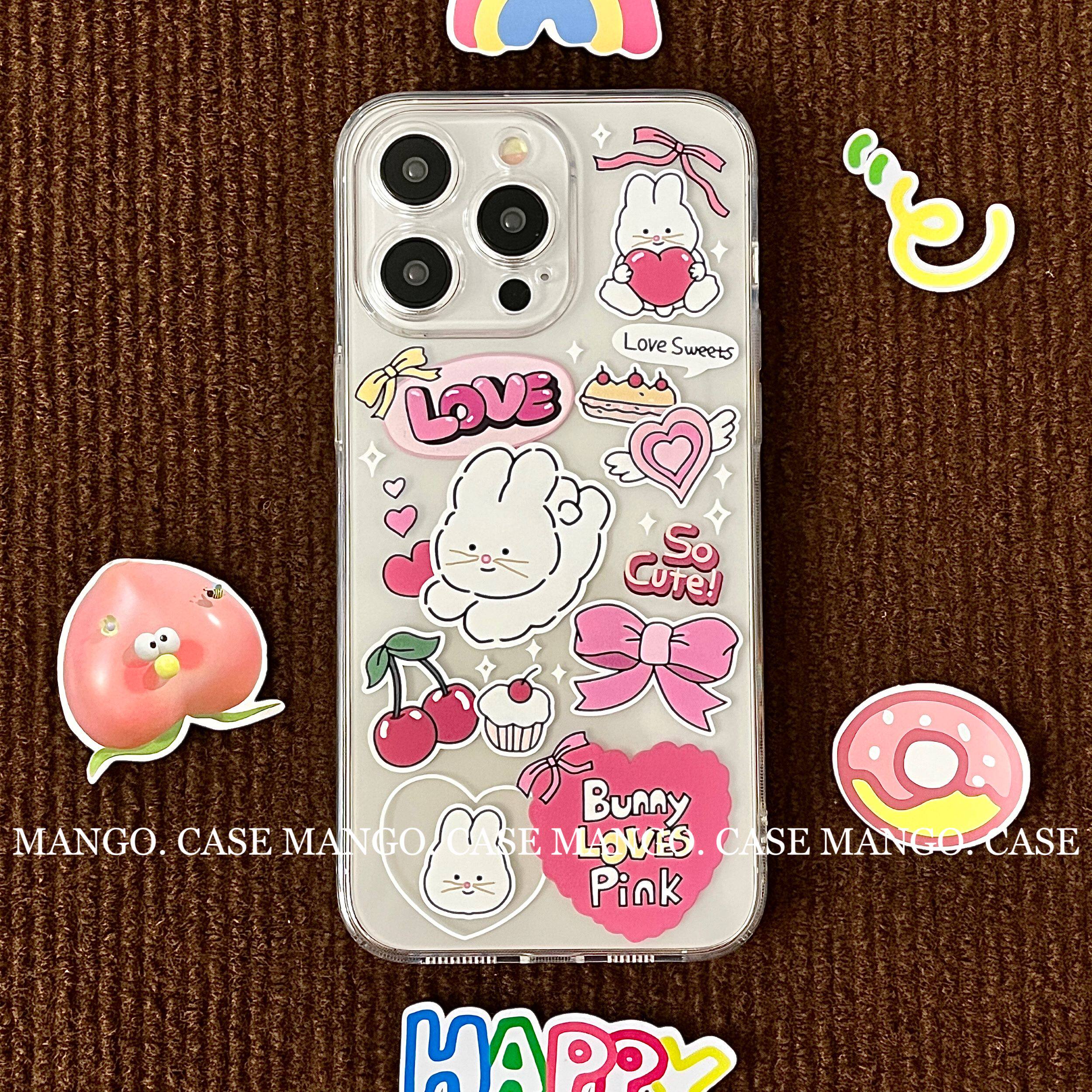 Mango酱原创粉色爱心可爱小白兔手机壳适用于苹果16全包透明软壳iphone15promax/13华为mate60小米