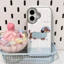 Mango酱奶蓝可爱刺绣小狗适用苹果16皮质立体手机壳iPhone15promax全包14软壳13