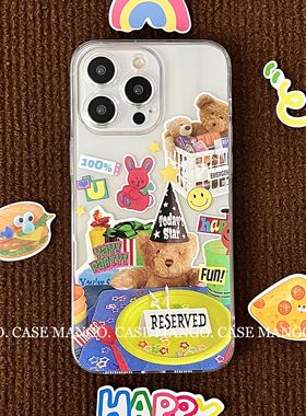 Mango酱原创复古个性小熊贴纸风手机壳适用于苹果15全包透明软壳iphone16promax/13华为mate60小米oppo
