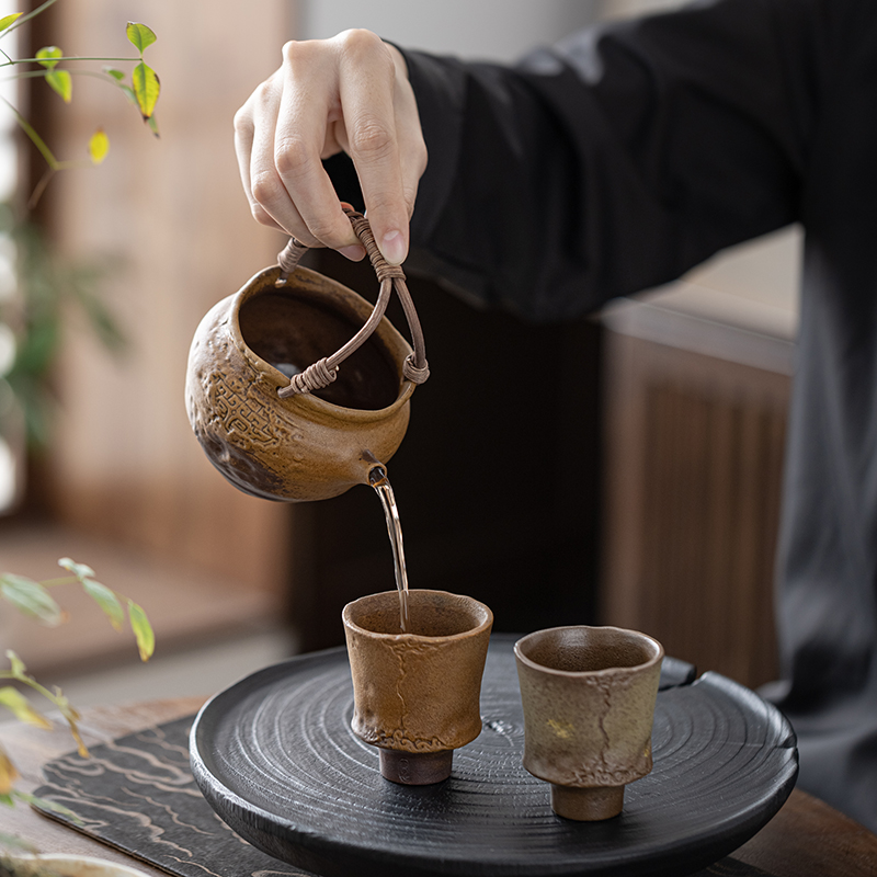 叶屿老岩泥酱釉提梁公道杯石边杯主人杯中式茶海茶道干泡陶瓷茶具