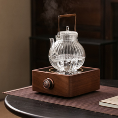 叶屿 黑胡桃木电陶炉煮茶大容量菊瓣玻璃烧水壶茶壶小型电热茶炉