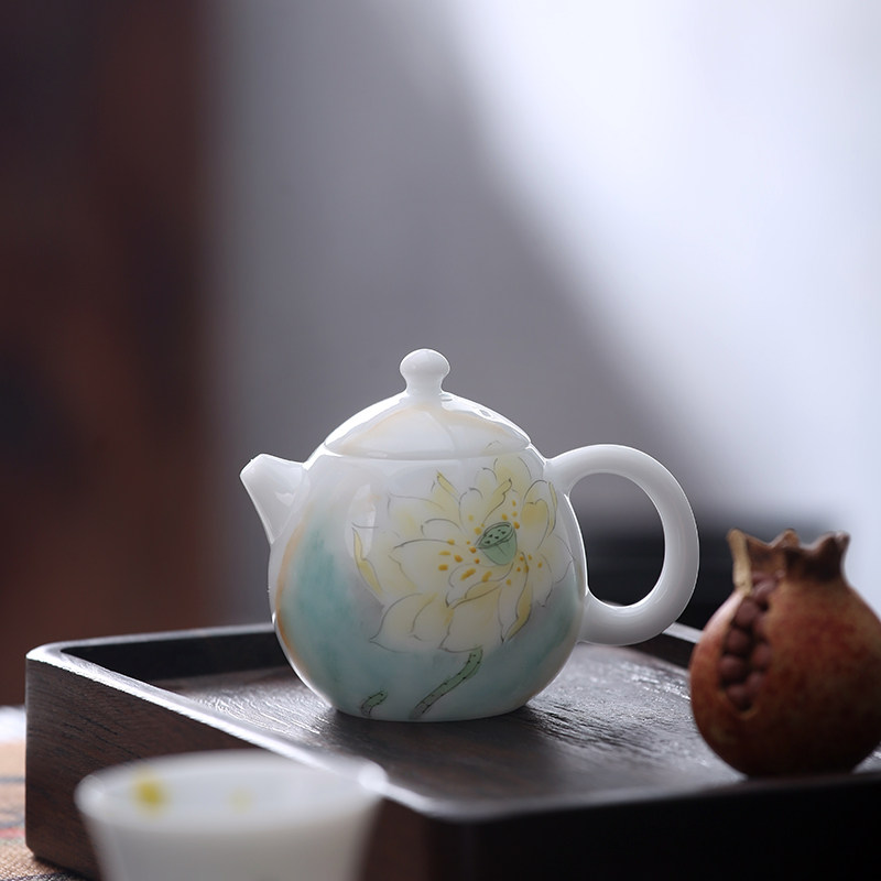 叶屿冰种白瓷手工家用陶瓷荷花手绘茶壶复古功夫茶具手作手绘龙蛋