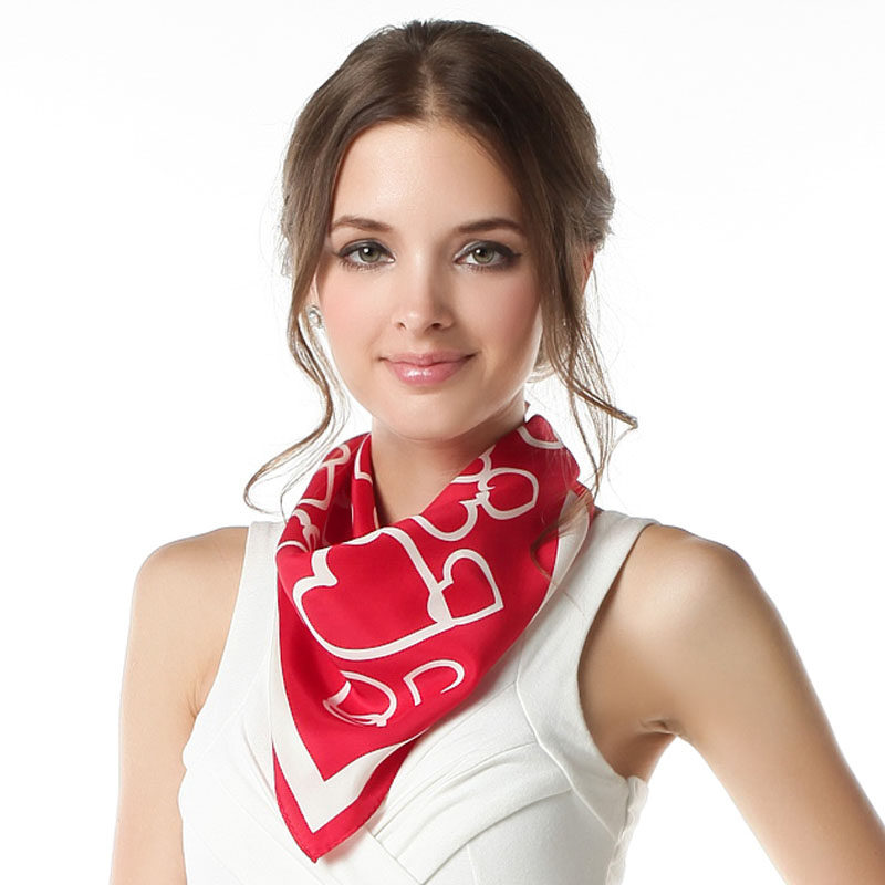 【清仓特惠】真丝小方巾 桑蚕丝素绉缎丝巾 红色爱心 J81007