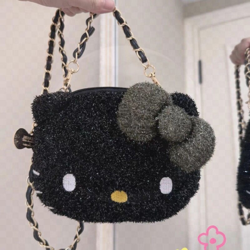 小红书同款hello kitty闪闪大脸包斜挎包小圆包银丝墨绿kitty包包