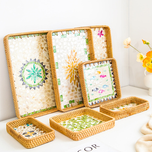 藤编贝壳水果盘茶几精致茶点托盘长方零食收纳盘早餐篮面包点心盘