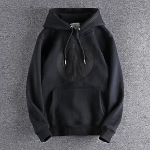 香港代购美式潮流重工重磅刺绣图案秋冬加绒加厚连帽卫衣套头上衣