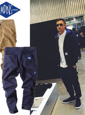 香港余文乐MDNS潮牌男士休闲小脚裤 修身百搭魔术贴纯色工装长裤
