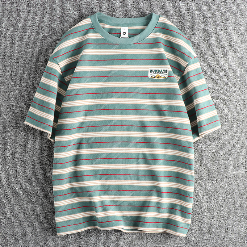 潮牌日系复古潮流条纹短袖T恤男 针织重磅全棉宽松青年海魂衫半袖