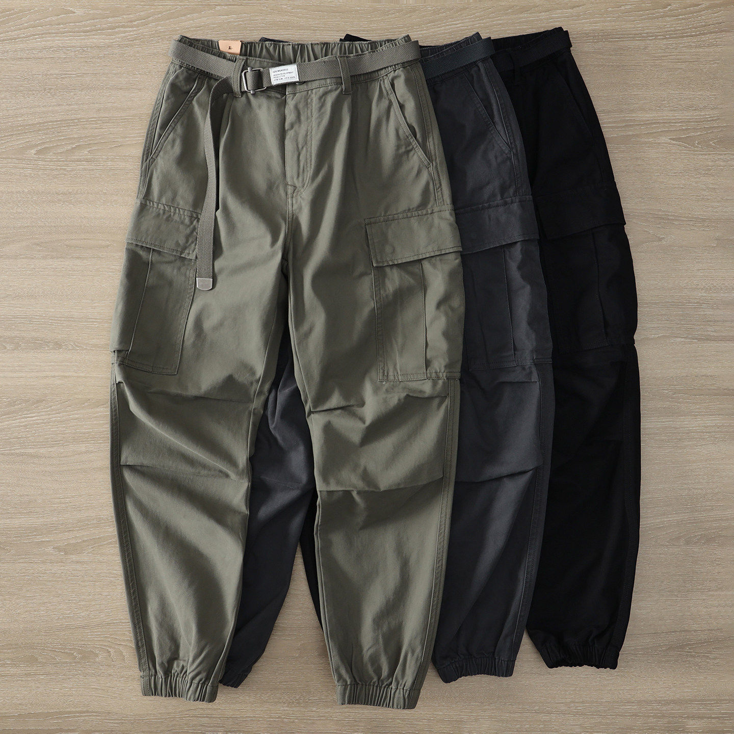 原创潮牌美式复古配腰带松紧腰束脚工装裤秋冬全棉厚实男士休闲裤