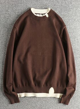 撞色叠穿假两件毛衣针织打底衫男