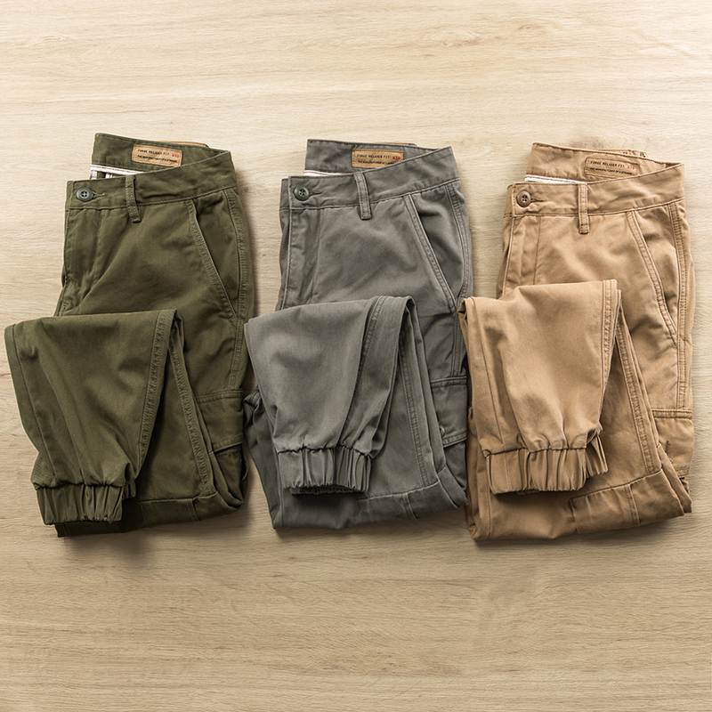 香港潮牌夏季纯棉宽松工装裤男重磅复古水洗多口袋束脚裤帆布长裤