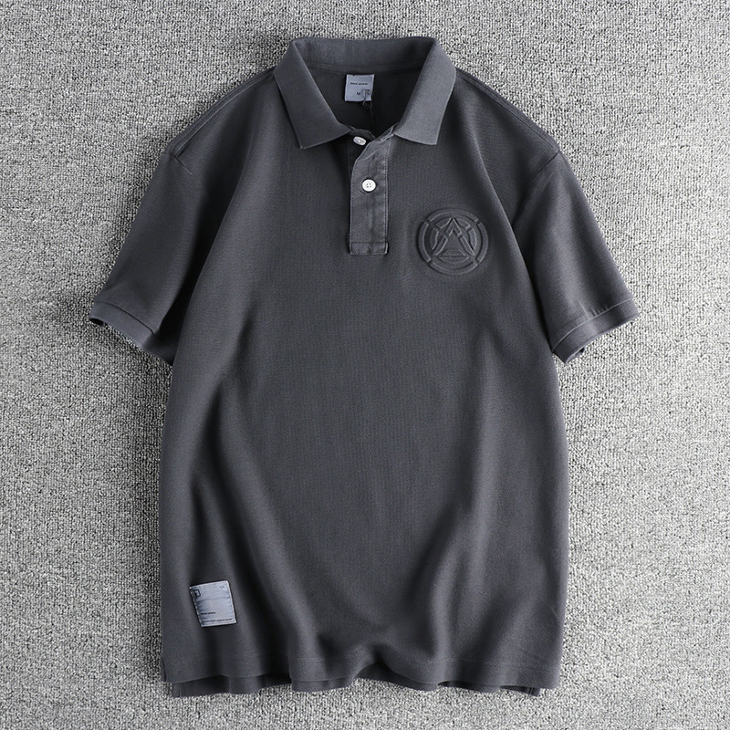 香港潮牌压印图案水洗做旧复古polo衫男 重磅珠地棉网眼休闲翻领T