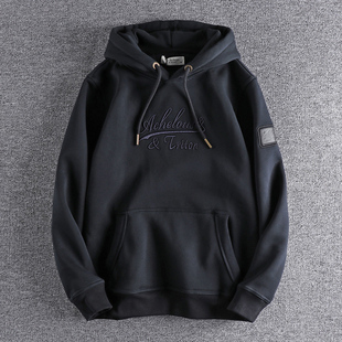 代购美式纯色连帽卫衣男套头刺绣字母冬季加绒加厚保暖外套上衣潮