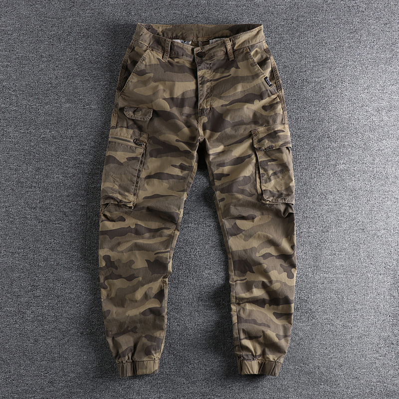 代购美式潮牌硬汉复古迷彩工装裤男多口袋立体宽松小脚青年休闲裤
