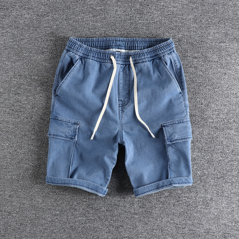 代购简约复古水洗做旧浅蓝色牛仔短裤男口袋设计舒适松紧腰工装裤