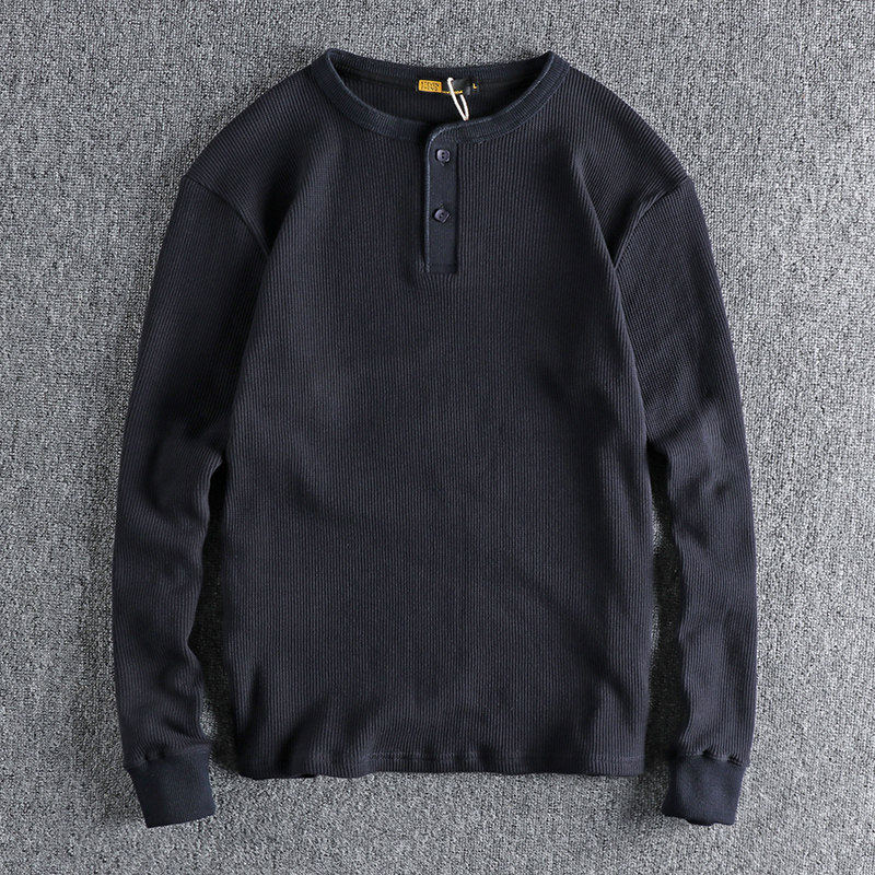 代购美式针织华夫格面料亨利领长袖T恤男 秋冬日常百搭青年打底衫