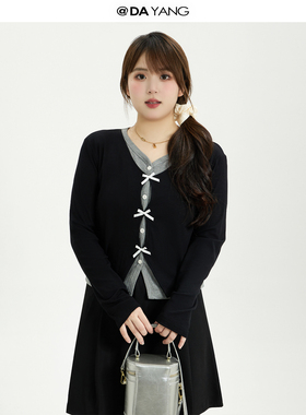 120斤的大杨 黑色大码假两件上衣女小个子蝴蝶结长袖显瘦针织衫秋