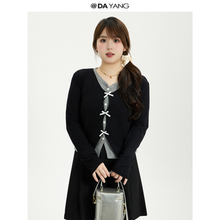 显瘦针织衫 120斤 假两件上衣女小个子蝴蝶结长袖 黑色大码 秋 大杨