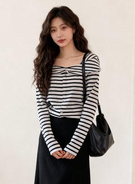 120斤的大杨 微胖大码条纹方领正肩长袖上衣冬收腰显瘦打底衫t恤