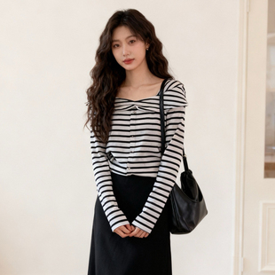 120斤的大杨 微胖大码条纹方领正肩长袖上衣冬收腰显瘦打底衫t恤