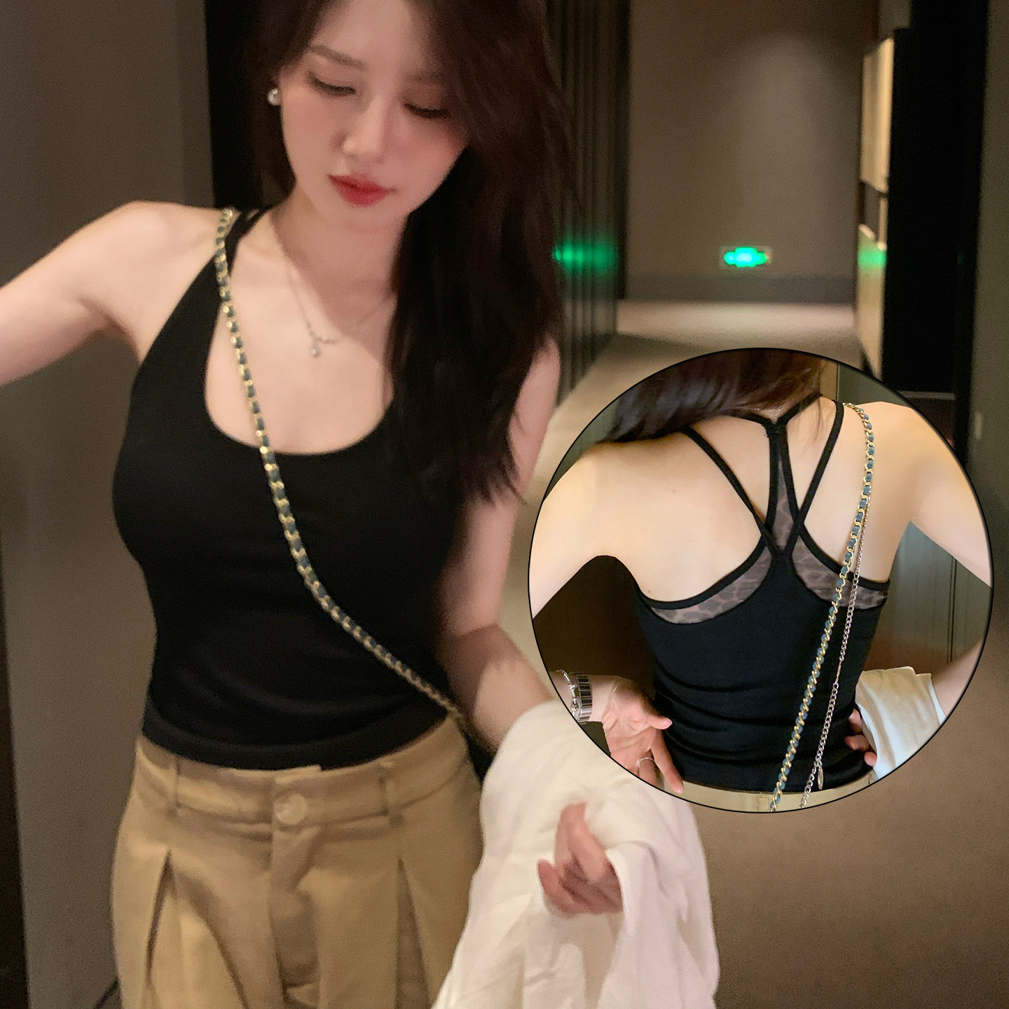 美式豹纹网纱拼接美背吊带带胸垫