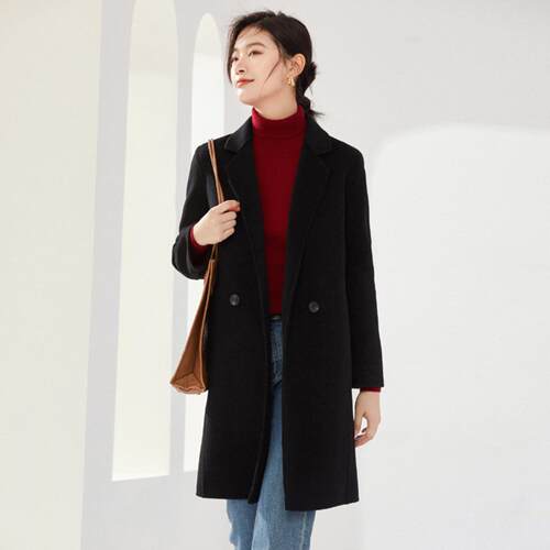 秋冬中长款修身双面羊绒大衣女驼色双排扣西装高端反季羊毛呢外套