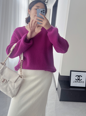 颜色太爱！V领泡泡袖女宽松羊绒衫100纯山羊绒套头毛衣25147