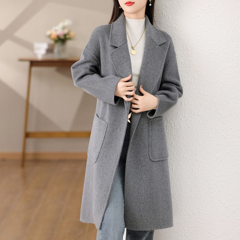 双面呢大衣女中长款款秋冬新款高端羊毛呢子小个子圆领牛角扣外套