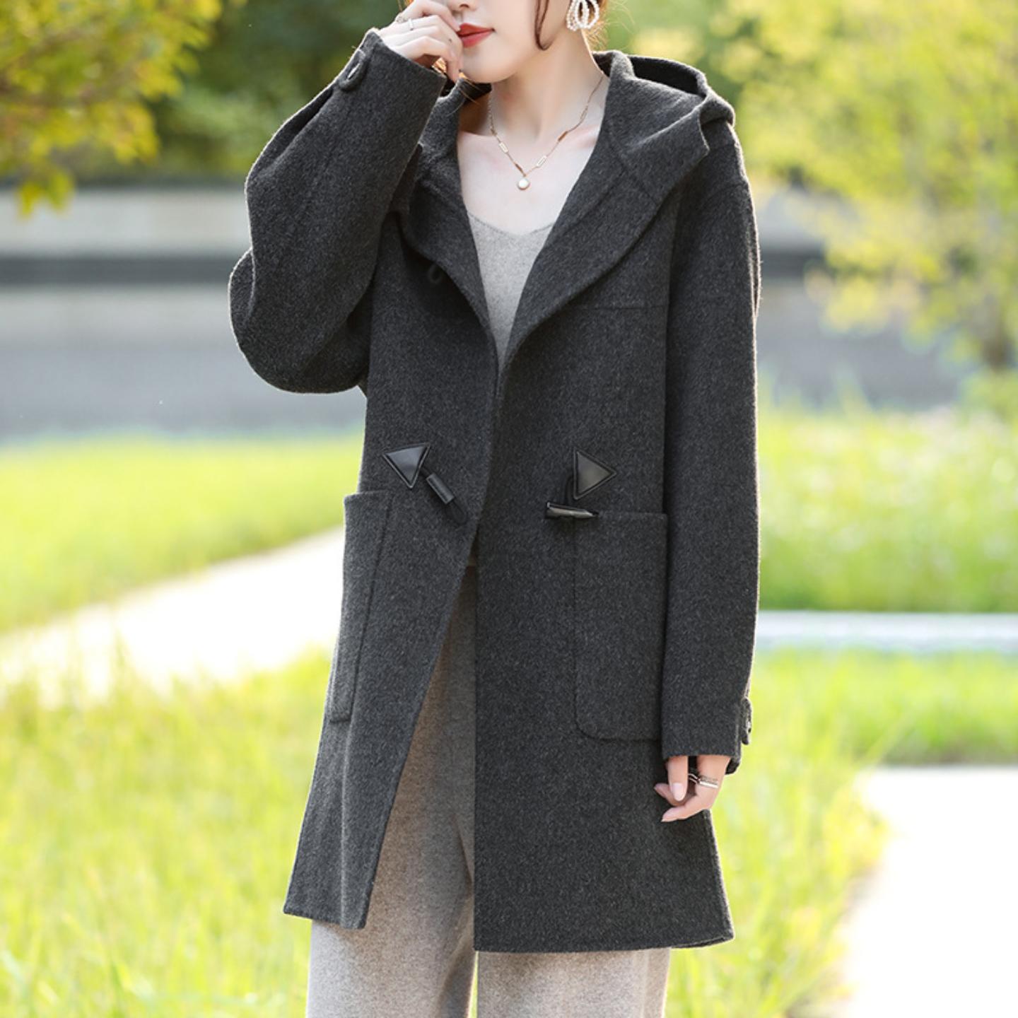 2026秋冬新款连帽牛角扣双面羊绒大衣女中长款韩系高级感羊毛外套