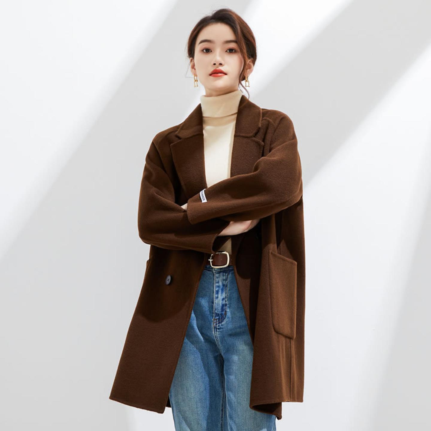 秋冬新款纯羊毛双面绒呢子大衣女中长款宽松大码韩版毛呢外套