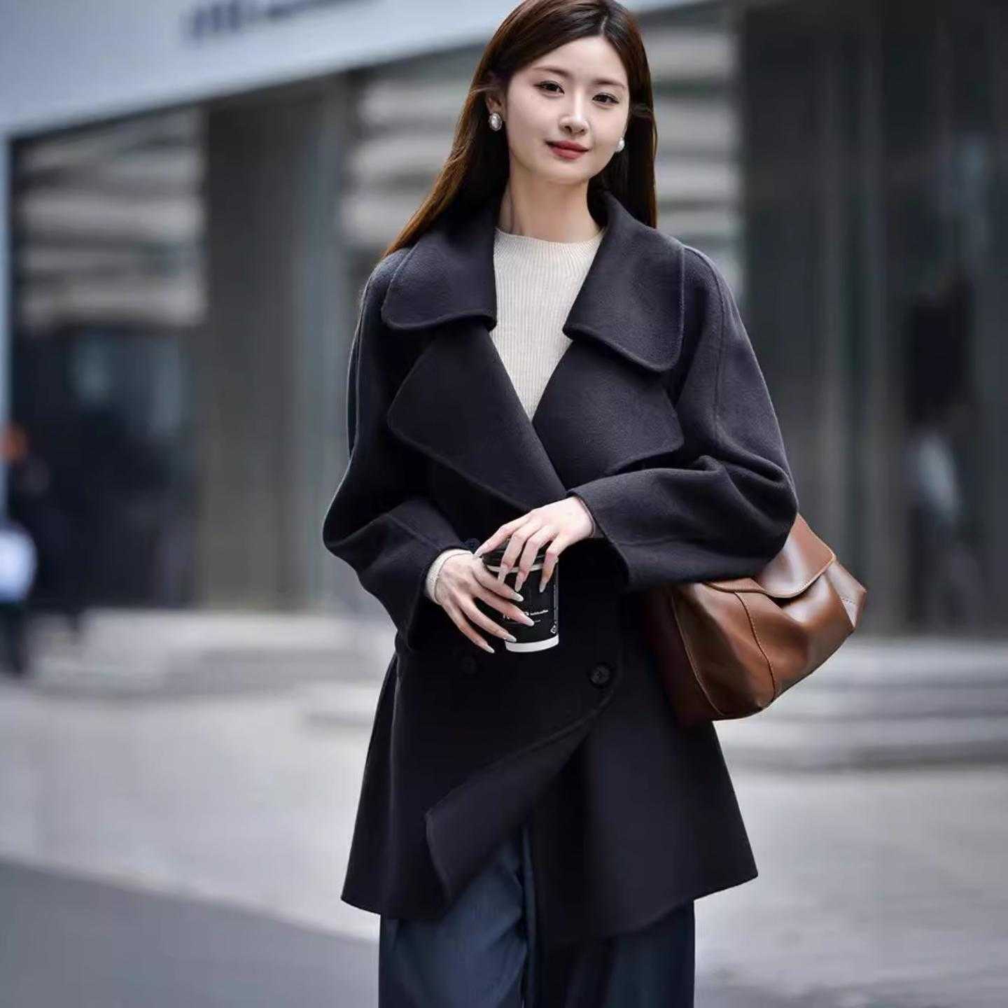 秋冬中款100%羊毛呢子外搭女小个子可羊绒双面呢大衣加厚呢子外套