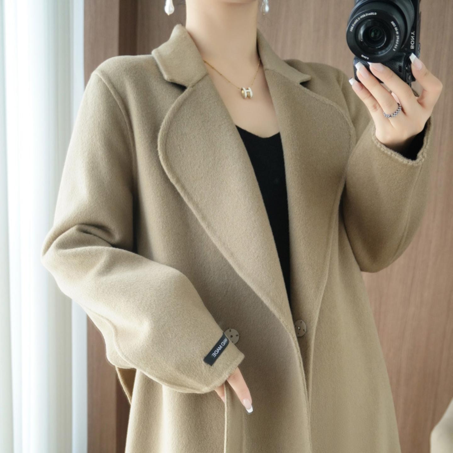 韩版西装领纯羊毛双面呢大衣女宽松纯色长袖气质休闲简约系带外套