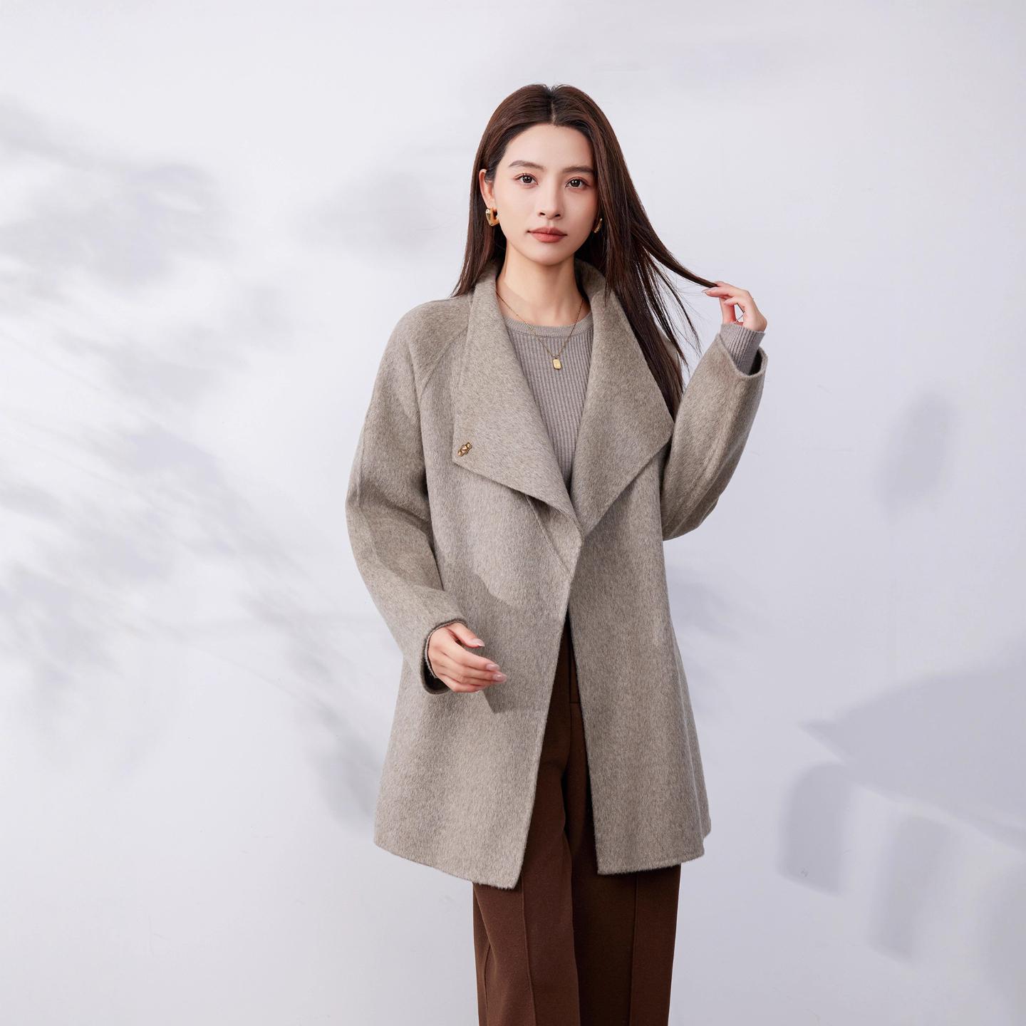 韩系手工纯羊毛大衣女26秋冬新款双排扣保暖双面毛呢短外套女装