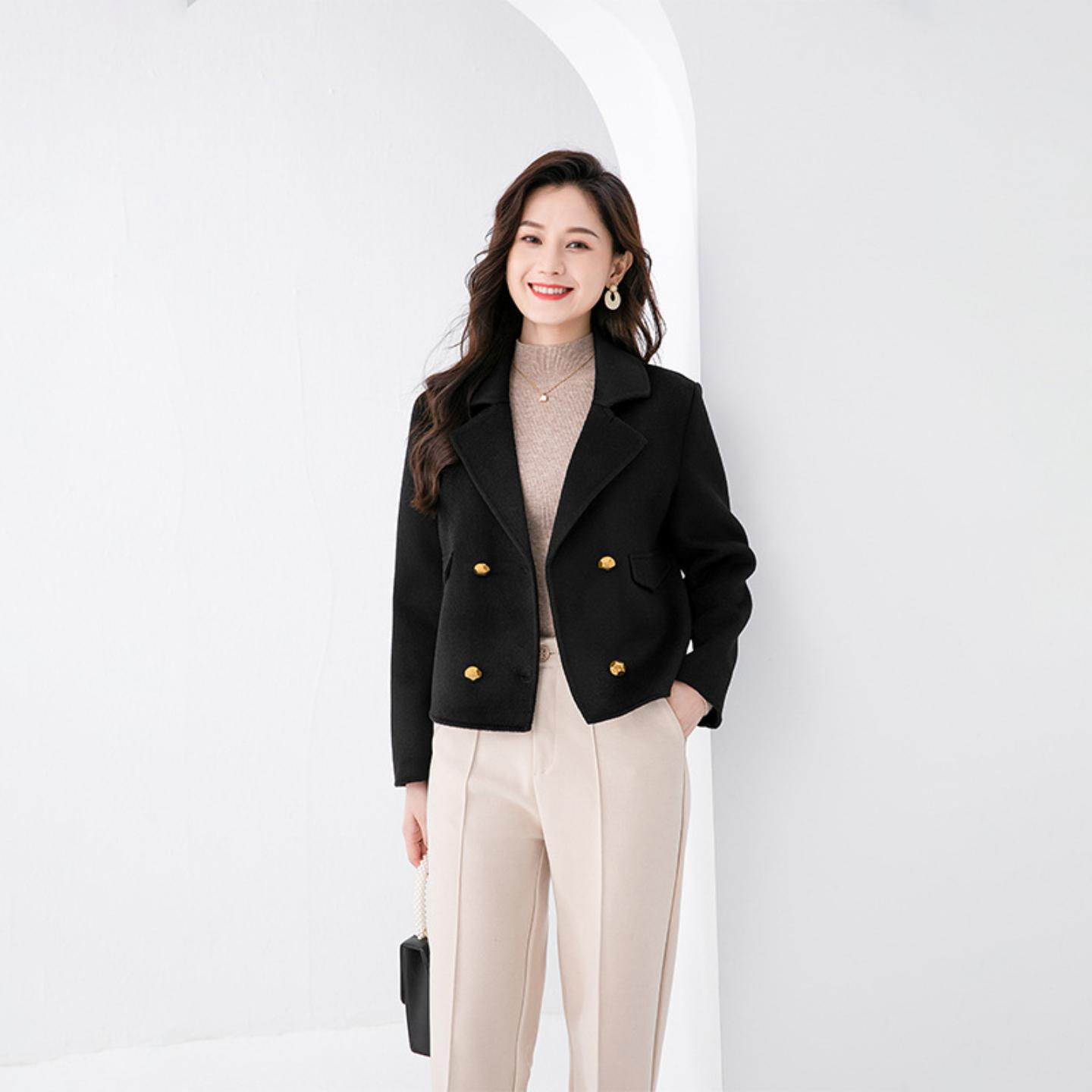 2026秋冬新款双面大衣女短款西装领韩版长袖女装100%羊毛气质外套