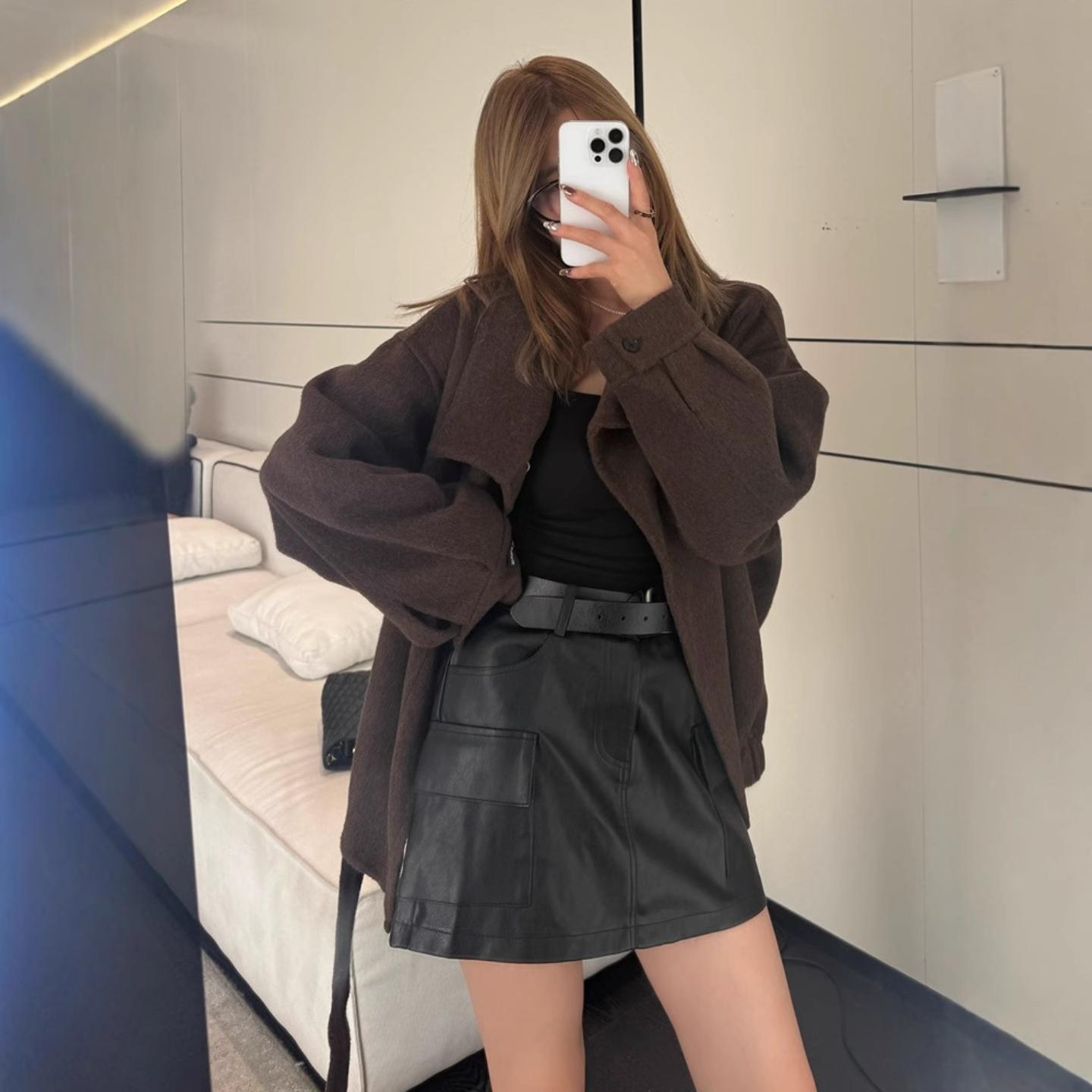 2026秋冬新款双面羊驼绒大衣女短款小个子羊毛呢子机车外套宽松女