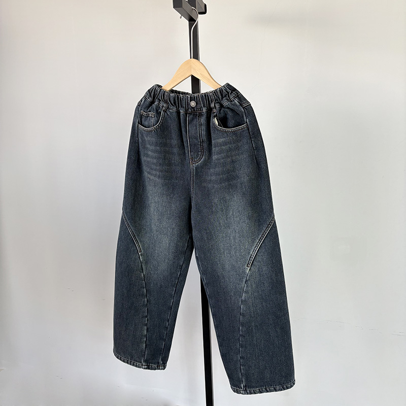 一等童品 130-190 中大童秋冬加厚保暖一体绒牛仔裤宽松直筒长裤