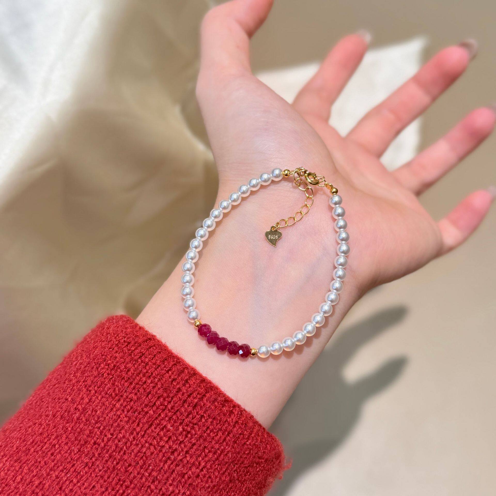 深圳旭佳旭家s925纯银正圆施家珍珠培育红宝石手链女高级小众矜贵