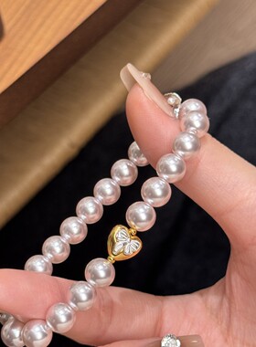 深圳旭佳旭家s925纯银正圆曼塔玫瑰施家珍珠桃心蝴蝶结手链女小众