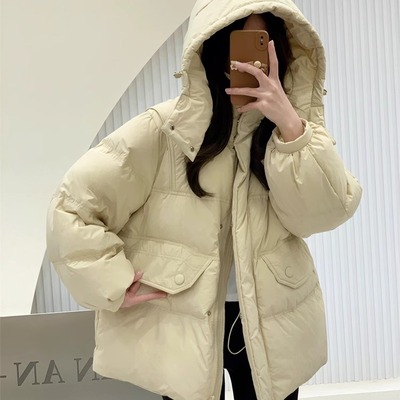 韩版连帽收腰羽绒服女中长款