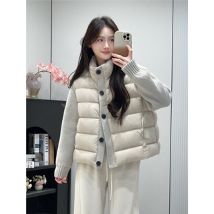 高端排骨拼接针织袖羽绒服女短款2025冬季新款90白鸭绒外套休闲风