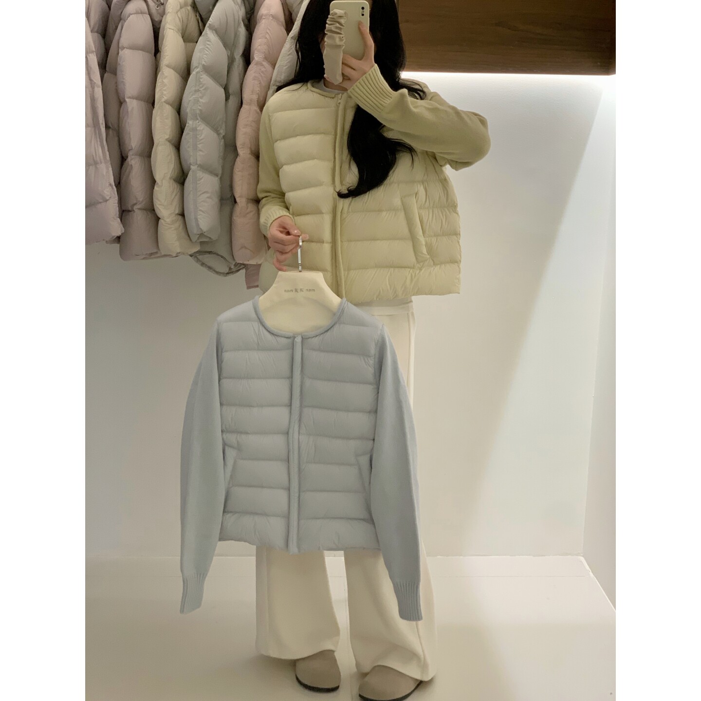 轻盈型圆领针织袖拼接羽绒服女短款2026冬季新款小个子白鸭绒外套