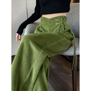 新中式国风橄榄绿色灯芯绒流苏盘扣阔腿裤冬季宽松慵懒风保暖裤子
