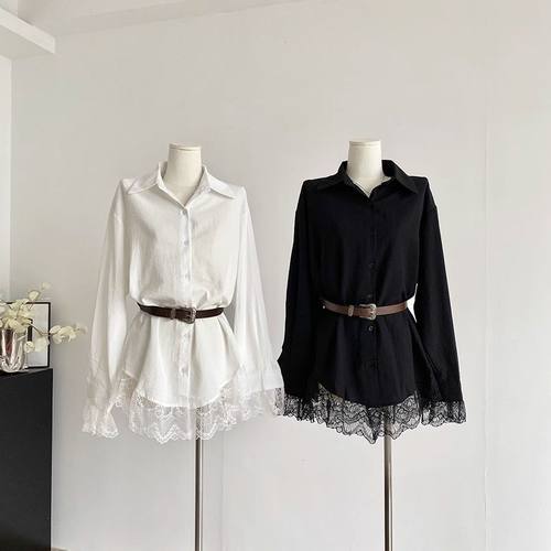 时尚气质白色蕾丝拼接衬衫裙女