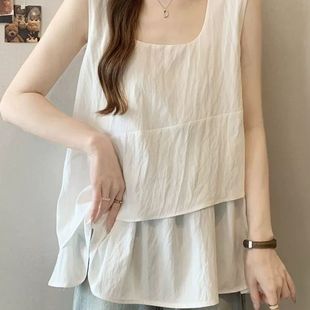 大碼 夏季 白色內搭胖MM顯瘦外穿無袖 上衣 不規則吊帶背心女2025新款