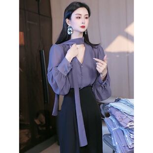 法式气质v领飘带长袖衬衫女2026春季新款高级感温柔紫色百搭上衣