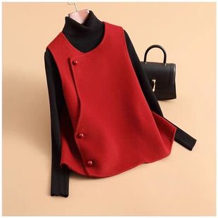新中式红色马夹秋季新款高端毛呢马甲女短款小个子呢子外套无袖