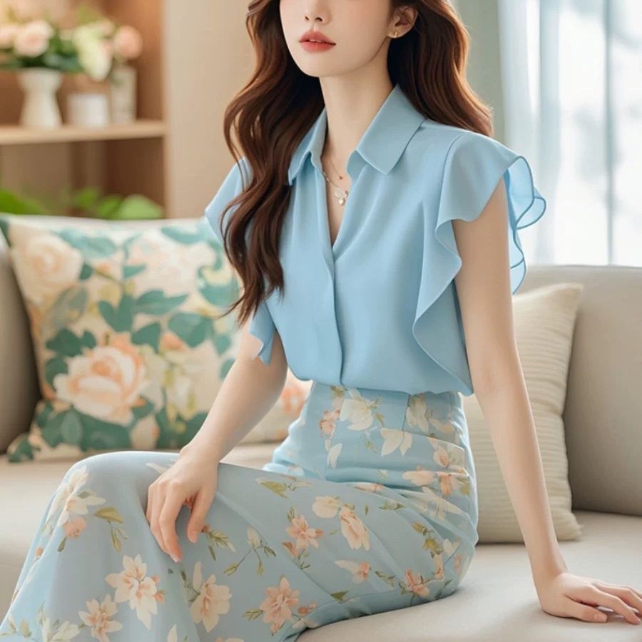 荷叶边飞飞袖翻领衬衫女装夏季