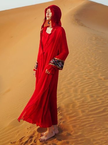 海边度假民族风雪纺衫连帽防晒衣女披肩旅行拍照超仙飘逸长款开衫