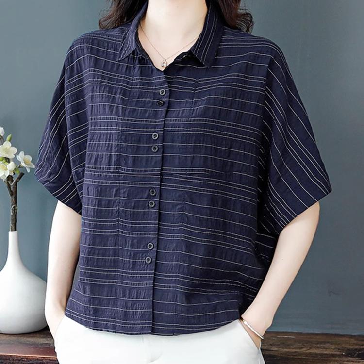 棉麻条纹短袖衬衫女夏季